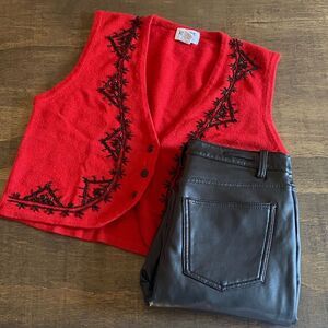Vintage Red Embroidered Vest and Black Leather Pants